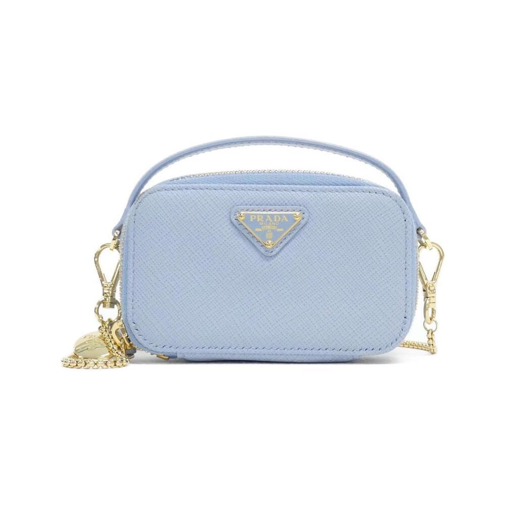 Prada Saffiano Leather Pouch enameled metal triangle logo Blue